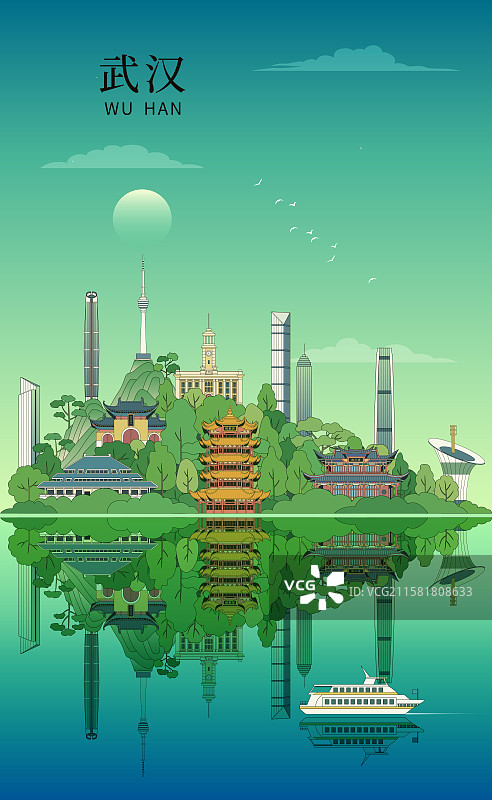 武汉城市建筑矢量描边插画图片素材