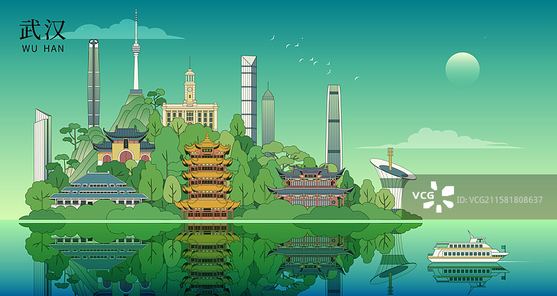 武汉城市建筑矢量描边插画图片素材