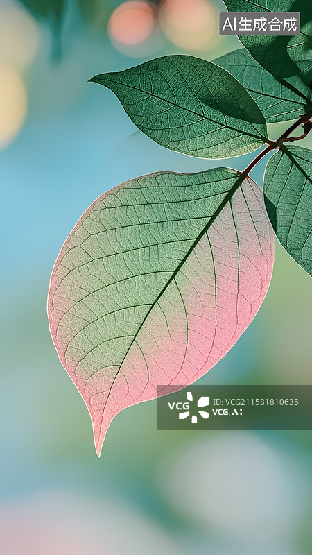 【AI数字艺术】一片青色和粉色渐变的树叶纹理构成的整张背景图，通透的树叶，薄如绢纱，朦胧磨砂滤镜图片素材