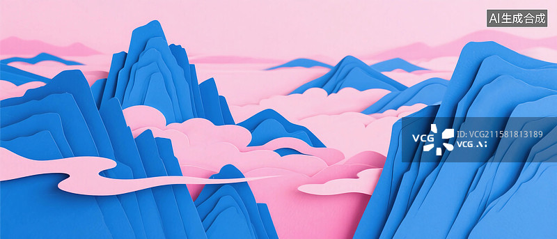 【AI数字艺术】蓝粉色剪纸山水图片素材