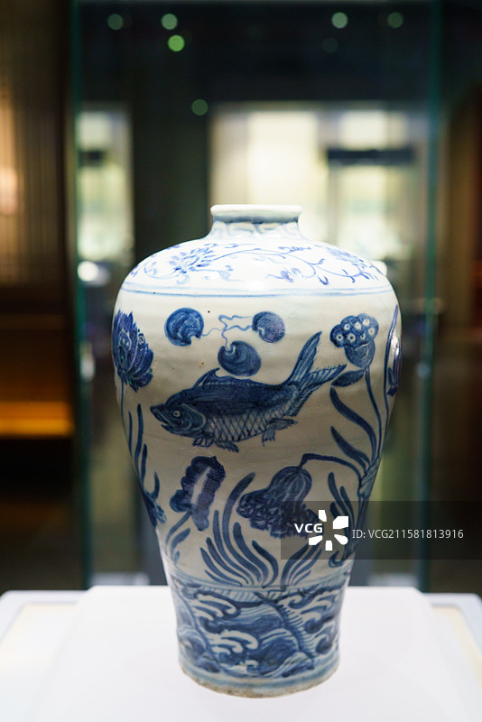 中国广西桂林博物馆“靖江遗韵——桂林出土明代梅瓶陈列”特展藏品——青花“富贵有余”鱼藻纹梅瓶图片素材