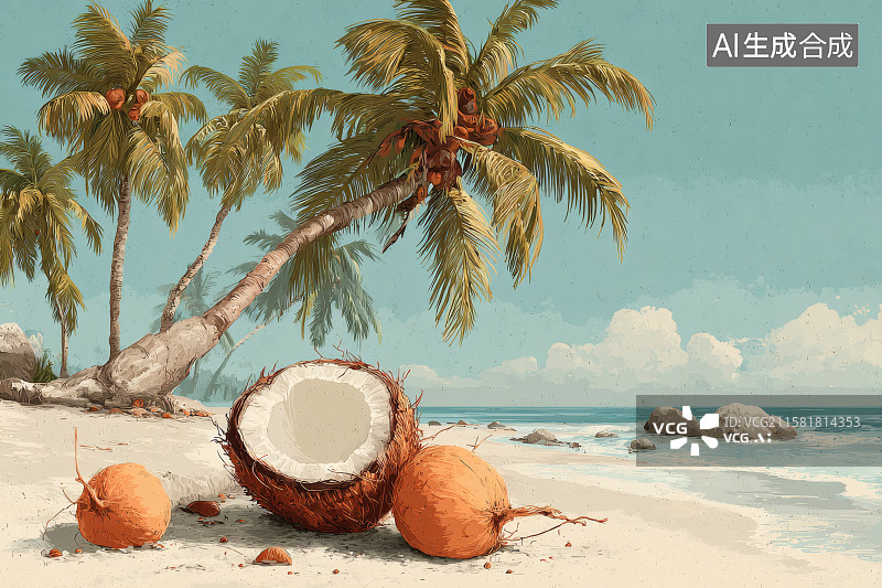 【AI数字艺术】蓝天白云，洁白的沙滩上一颗切半的椰子图片素材