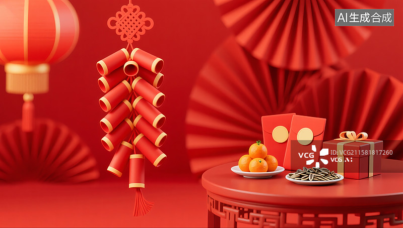 【AI数字艺术】春节灯笼鞭炮桌子红包礼物喜庆三维图图片素材