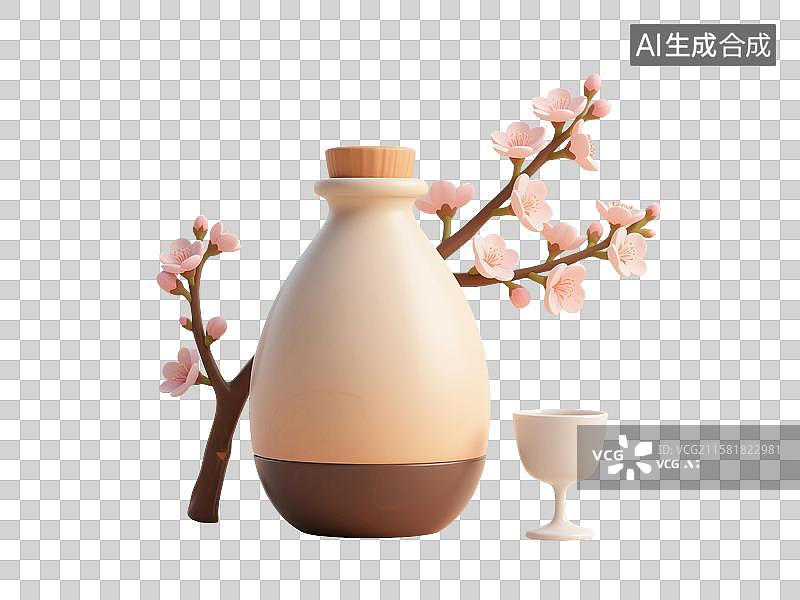 【AI数字艺术】3D渲染，桃花酿，桃花酒，米酒，酒壶，酒坛子，酒杯，传统文化，酒文化，免抠元素图片素材
