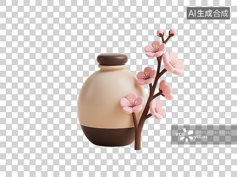 【AI数字艺术】3D渲染，桃花酿，桃花酒，米酒，酒壶，酒坛子，酒杯，传统文化，酒文化，免抠元素图片素材