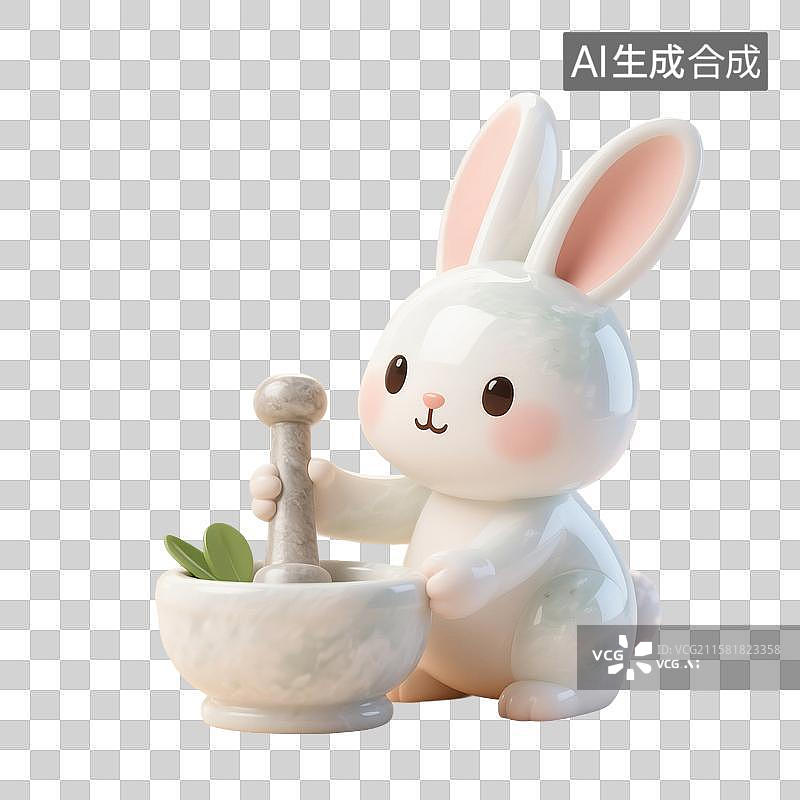 【AI数字艺术】3D渲染，玉兔捣药，白兔，玉兔，中秋节，八月十五，免抠素材图片素材