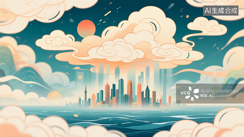 【AI数字艺术】海上城市插画图片素材