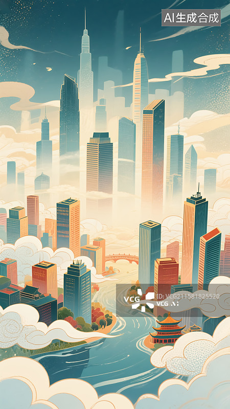 【AI数字艺术】海上城市插画图片素材