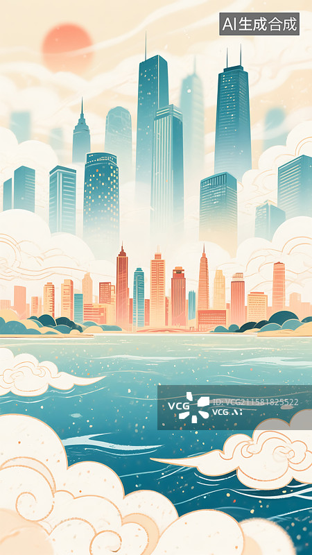 【AI数字艺术】海上城市插画图片素材