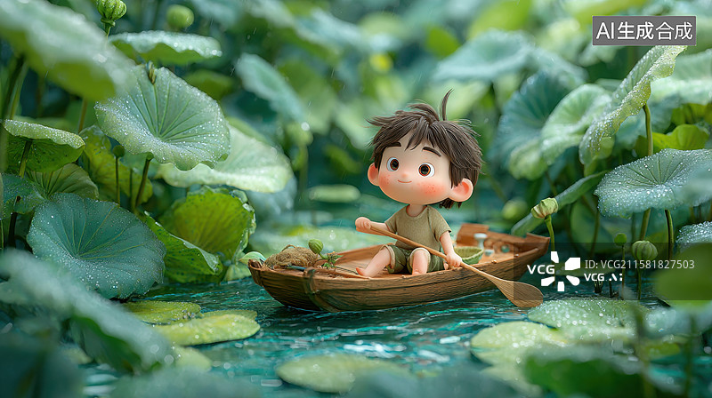 【AI数字艺术】小孩划船穿越荷叶池塘图片素材