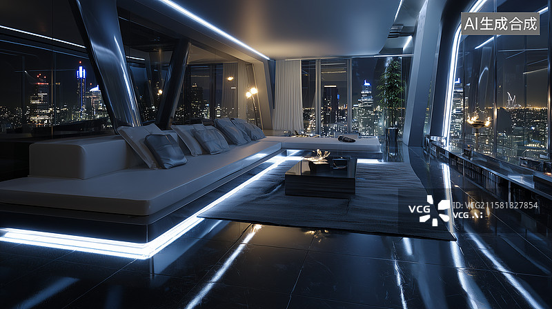 【AI数字艺术】未来感金属客厅夜景图片素材