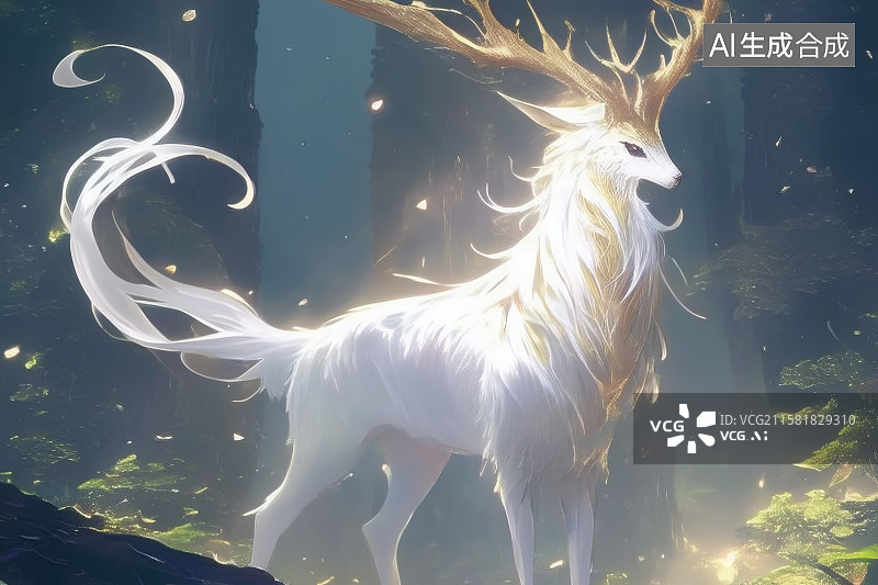 【AI数字艺术】丛林中一只发光的山海经神兽，白泽图片素材