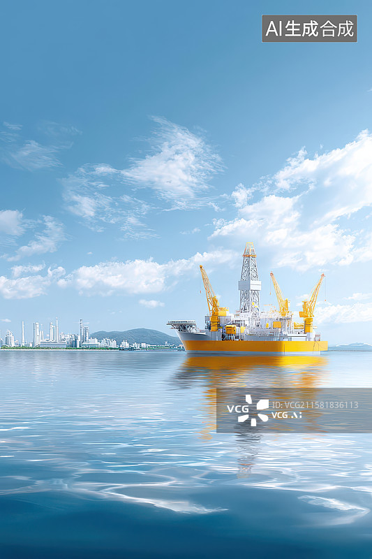 【AI数字艺术】蓝色海面海上钻井平台工业图图片素材