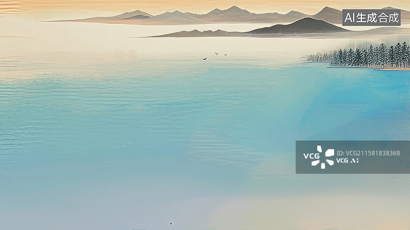 【AI数字艺术】装饰边框水墨画背景，远处青山，居上图片素材