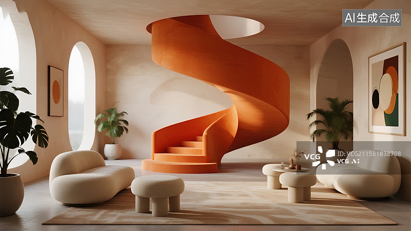 【AI数字艺术】橙色旋梯的艺术空间图片素材