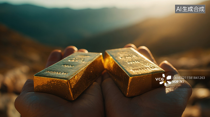 【AI数字艺术】双手捧着两块金条，背景山脉夕阳图片素材