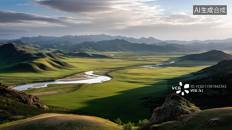 【AI数字艺术】葱郁山谷河流蜿蜒，晨曦照耀下的壮丽景色图片素材
