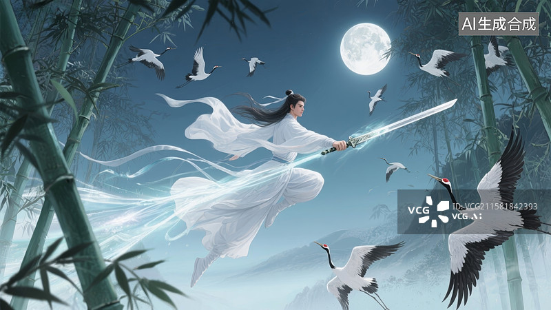 【AI数字艺术】月夜竹林飞鹤图图片素材