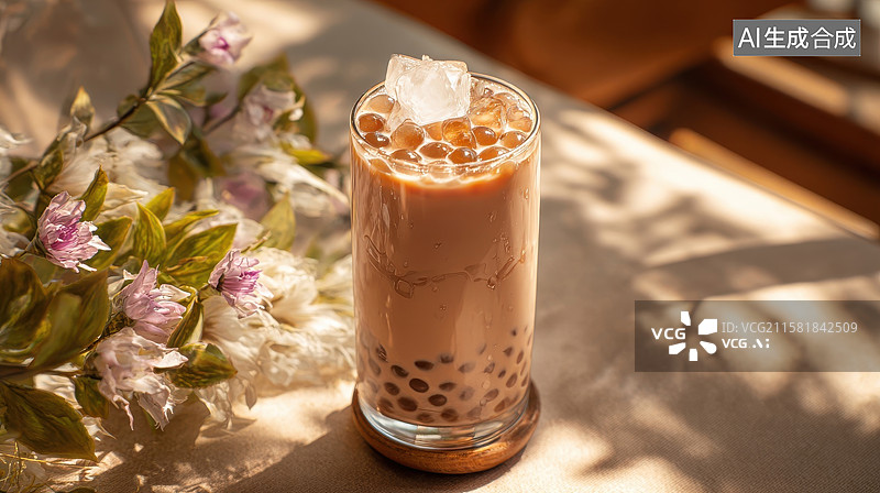 【AI数字艺术】珍珠奶茶与花卉装饰图片素材