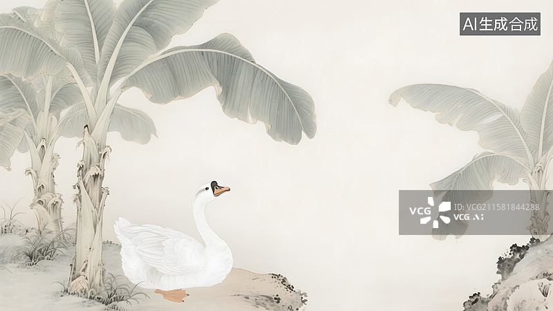 【AI数字艺术】水墨画田园风景芭蕉树下的大白鹅图片素材