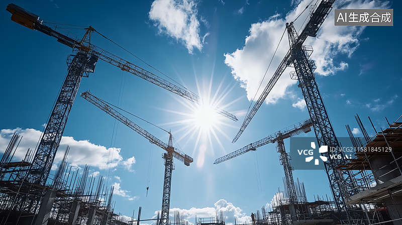 【AI数字艺术】建筑工地上的起重机与晴朗天空图片素材