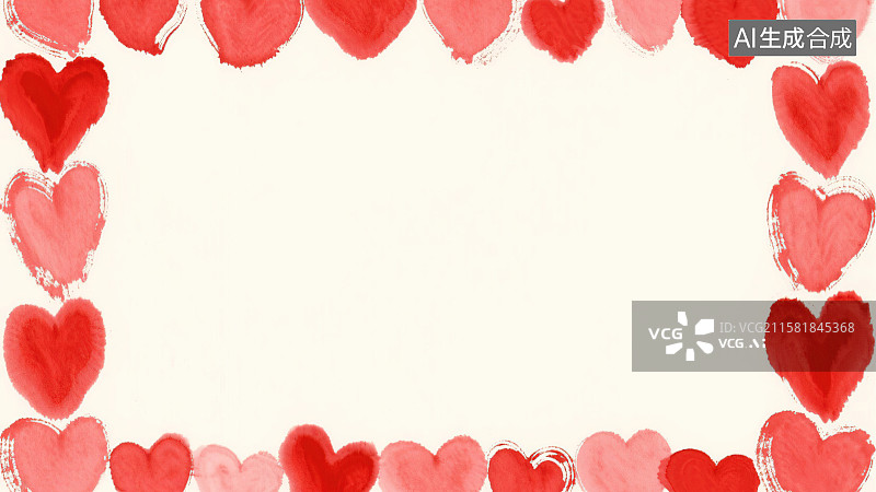 【AI数字艺术】复古中国风水墨画环绕背景，正红色桃心爱心形状手绘装饰画花边边框印花图案 七夕情人节浪漫元素设计素材图片素材