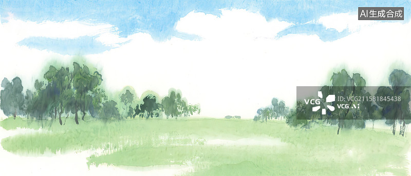 【AI数字艺术】蓝天白云绿草地草坪森林树林丛林新国风手绘水彩画简约清新文学绘本配图中国风水墨画背景图片素材