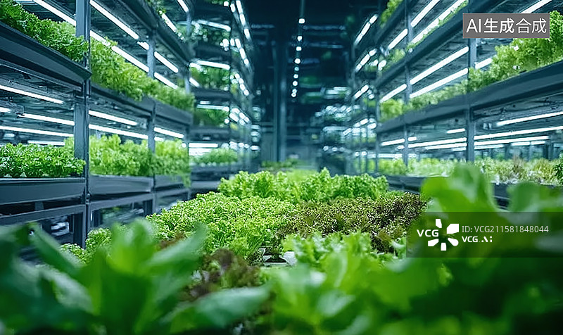 【AI数字艺术】多层种植架上蔬菜蓬勃生长，人工光源助力室内农场展现现代农业创新栽培技术图片素材