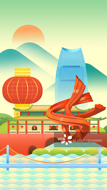 广东东莞城市地标建筑迎恩门虎门大桥黄旗岭顶挂灯笼台商大厦红纽带雕塑插画图片素材