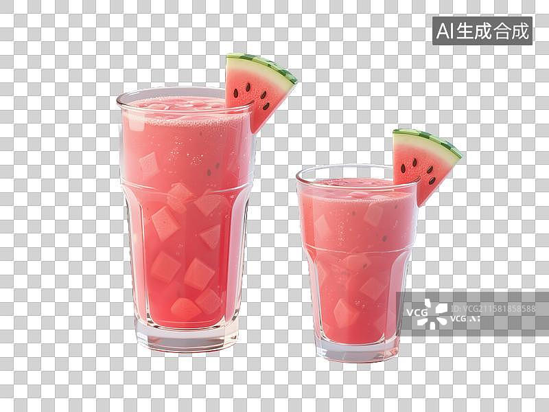 【AI数字艺术】创意3D插画两杯清爽西瓜汁一高一矮的玻璃杯透明元素插画夏日冷饮节气大暑图片素材