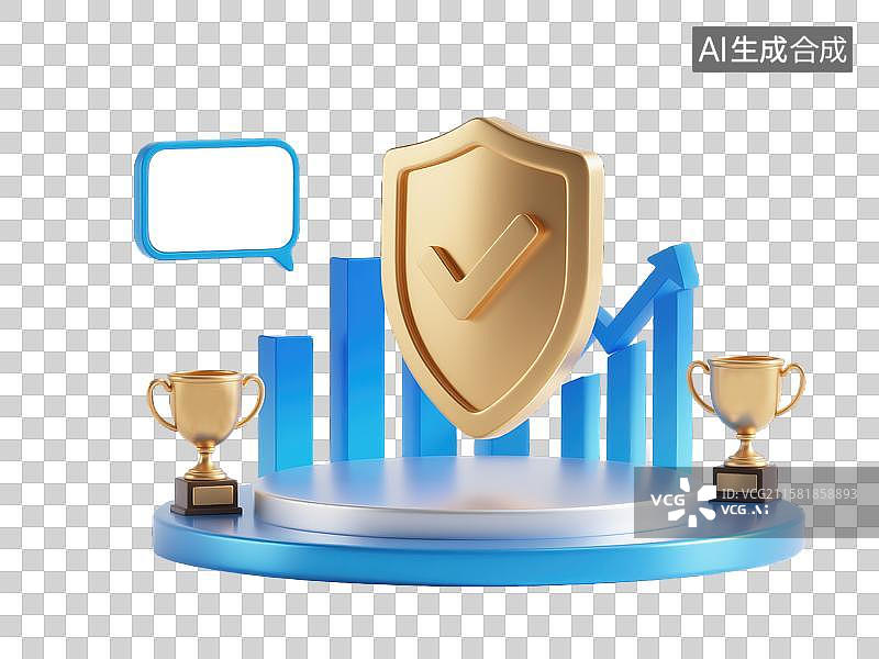 【AI数字艺术】金色盾牌与对勾3D金融保抽象商业背景奖杯金币对话框投资规划、经济安全演示、年度报告和金融科技插图图片素材
