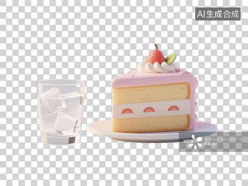 【AI数字艺术】美味甜点组合精致蛋糕片和清爽柠檬汁冰水3D极简透明插画创意商业背景烹饪营销出版数字设计食品和生活方式图片素材