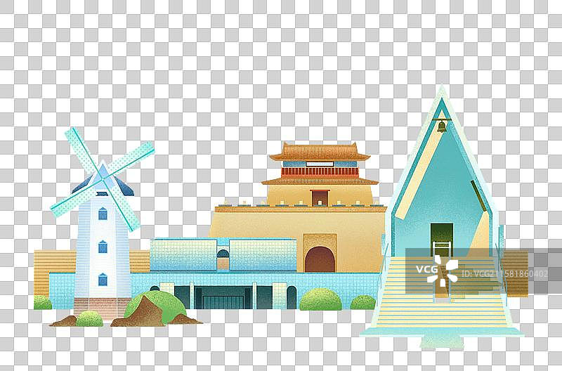 秦皇岛阿那亚万里长城山海关北戴河鸽子窝公园手绘插画图片素材