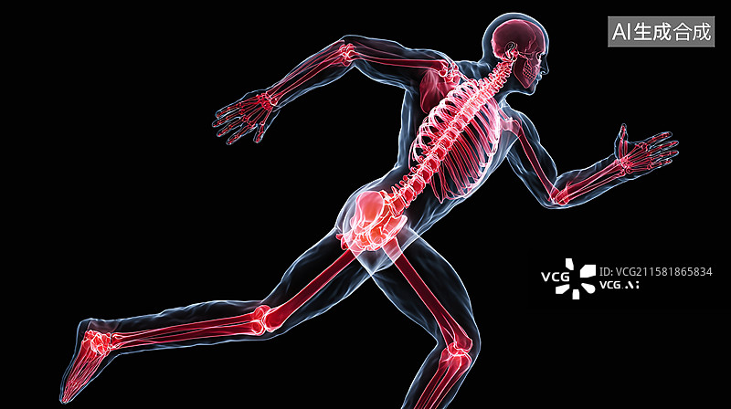 【AI数字艺术】3D 成像呈现跑步姿势下人体骨骼结构，助力运动医学与解剖学研究及教学可视化展示图片素材