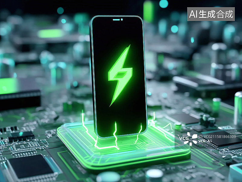 【AI数字艺术】手机显示绿色闪电标志置于电路板，借发光电路与科技感设计展现智能设备快充技术场景图片素材