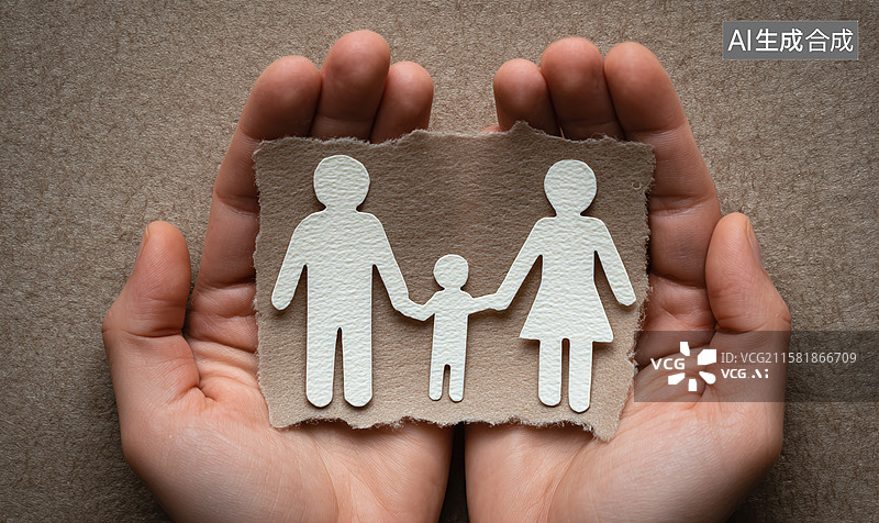 【AI数字艺术】双手托举手工纸制家庭形象，以温馨画面传递亲情守护与家庭关爱，诠释家庭保护的情感主题图片素材