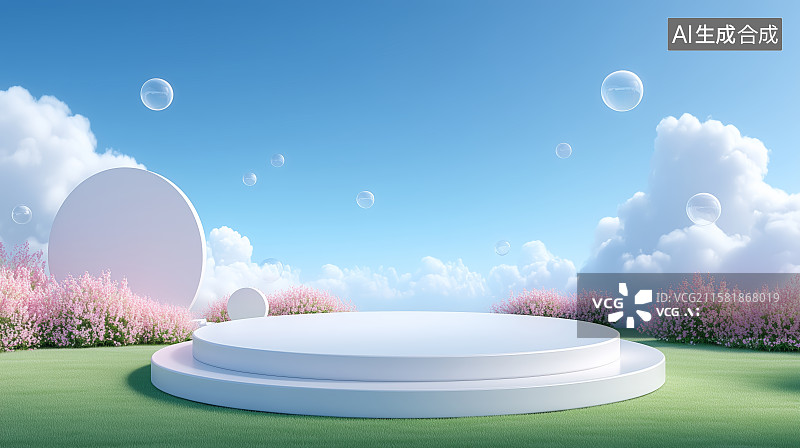 【AI数字艺术】花海中的白色讲台与泡泡图片素材