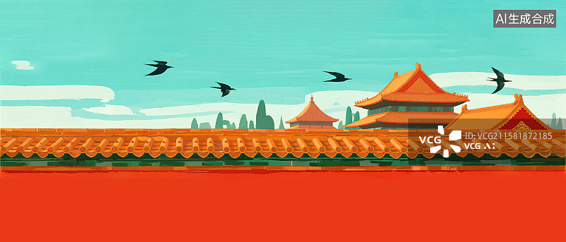 【AI数字艺术】红墙黄瓦琉璃瓦屋顶屋檐小燕子飞在天空新国风国潮风古风中国传统古建筑皇家园林2D卡通扁平风格插画背景图片素材