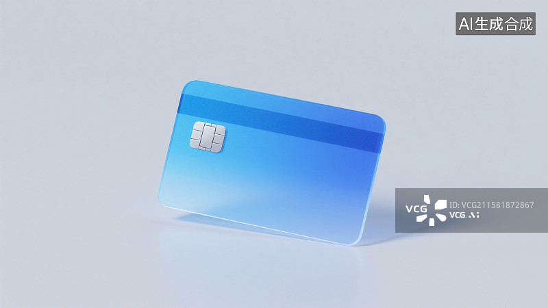 【AI数字艺术】一张半透明渐变蓝色带有芯片带有刷卡磁条的银行卡信用卡图片素材