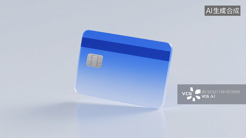 【AI数字艺术】一张半透明渐变蓝色带有芯片带有刷卡磁条的银行卡信用卡图片素材