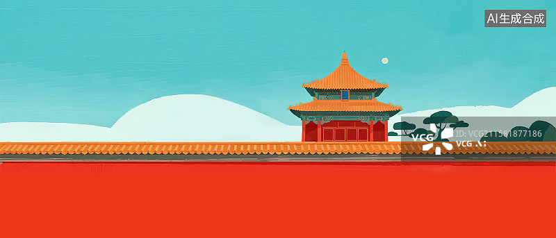 【AI数字艺术】红墙黄瓦琉璃瓦屋顶屋檐天空云朵太阳树木新国风国潮风古风中国传统古建筑皇家园林2D卡通扁平风格插画背景图片素材