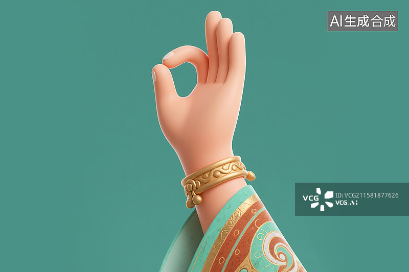 【AI数字艺术】OK手势姿势信手拈花佛手拈花敦煌壁画飞天人物风格手指手臂局部特写手镯首饰3D三维立体渲染卡通可爱插画图片素材