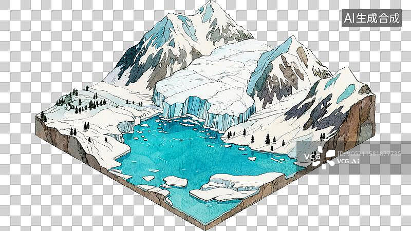 【AI数字艺术】冰川雪山融化概念自然地理地貌地形剖面图横截面断层钢笔淡彩手绘科普插图2.5D三维立体微缩景观模型场景图片素材