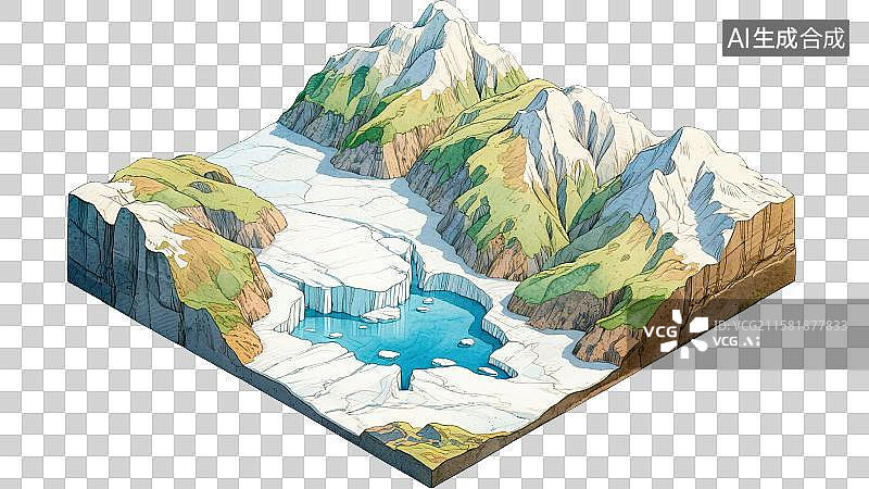 【AI数字艺术】冰川雪山融化概念自然地理地貌地形剖面图横截面断层钢笔淡彩手绘科普插图2.5D三维立体微缩景观模型场景图片素材