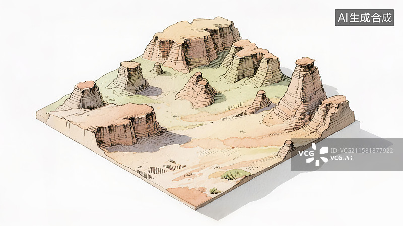 【AI数字艺术】雅丹地形风蚀性地貌剖面图横截面断层概念图自然地理钢笔淡彩水彩手绘科普2.5D三维立体微缩景观模型场景图片素材