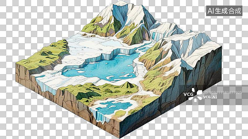 【AI数字艺术】冰川雪山融化概念自然地理地貌地形剖面图横截面断层钢笔淡彩手绘科普插图2.5D三维立体微缩景观模型场景图片素材