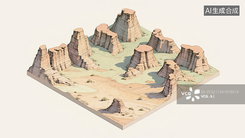 【AI数字艺术】雅丹地形风蚀性地貌剖面图横截面断层概念图自然地理钢笔淡彩水彩手绘科普2.5D三维立体微缩景观模型场景图片素材