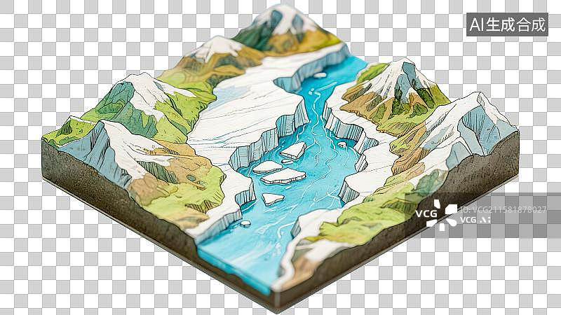 【AI数字艺术】冰川雪山融化概念自然地理地貌地形剖面图横截面断层钢笔淡彩手绘科普插图2.5D三维立体微缩景观模型场景图片素材