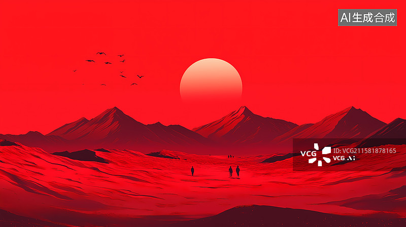 【AI数字艺术】红色背景下的风景山脉图片素材