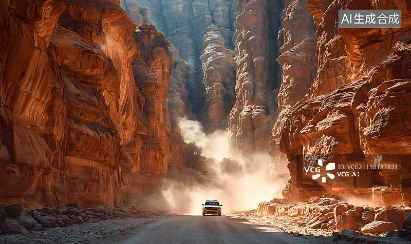 【AI数字艺术】峡谷烟尘汽车广告背景图图片素材